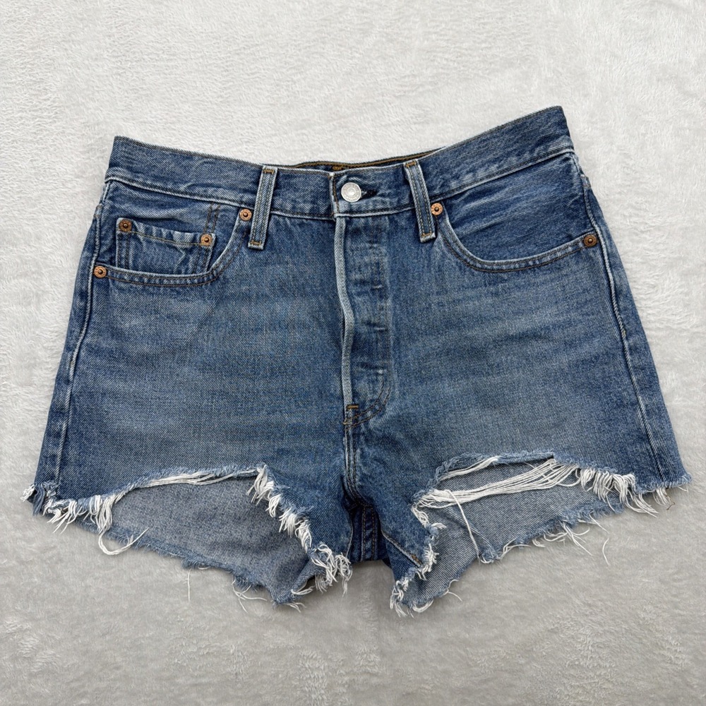 Levi's 501 Premium Denim Shorts Womens sz 28 Blue Distressed Frayed Hem Casual